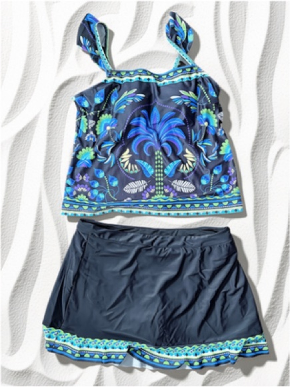 Navy Blue Floral Tankini with Matching Swim Skort Size L